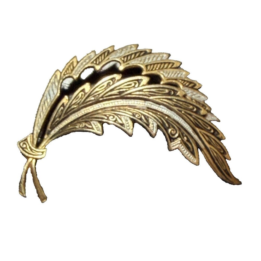 Vintage 1950s Spanish Damascene Leaf Feather Leaf Gold/Silver Tone Brooch Pin